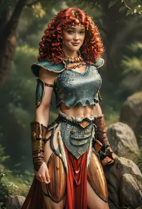 (1girl) tika, curly red hair, fit, BREAK, shy smile, sexy pose, BREAK, pelvic curtain, chainmail, midriff, shoulder armor, BREAK, in deserted forested hills, masterpiece, dramatic lighting, highly detailed, depth of field