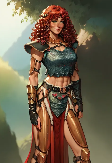 (1girl) tika, curly red hair, fit, BREAK, shy smile, sexy pose, BREAK, pelvic curtain, chainmail, midriff, shoulder armor, BREAK, in deserted forested hills, masterpiece, dramatic lighting, highly detailed, depth of field