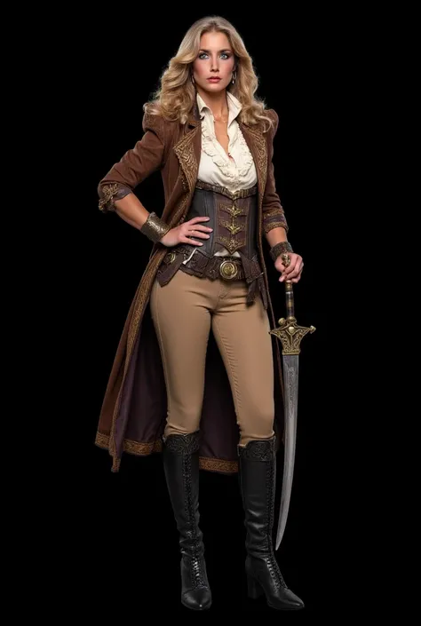   A complete and detailed design of an elegant and self-confident woman  ,   dressed in an outfit that mixes fantasy aesthetics and steampunk  .   She wears a tight brown coat with gold embroidery that decorates the lapels  , the cuffs and sides  ,  highli...