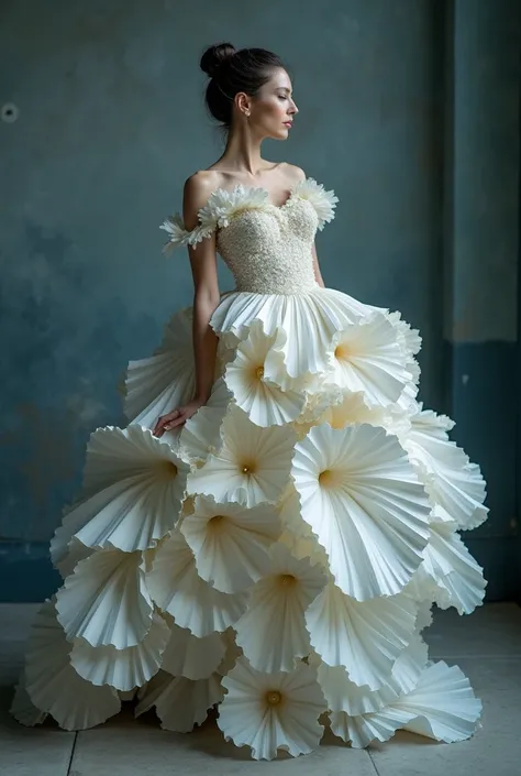 Capturing the essence of creativity, the photograph showcases a woman adorned in an avant-garde dress fashioned entirely from paper. The intricate design features multiple layers, creating a voluminous and textured appearance that resembles the petals of a...