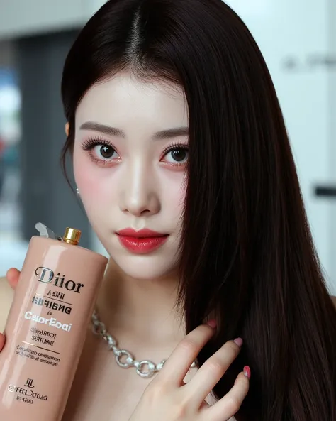 Dark brown hair , western make up , dior, blue eyes  ,, nude pink make up , ถ่ายแบบ , L'Oréal paris , shiny hair 
, holding shampoo serum 