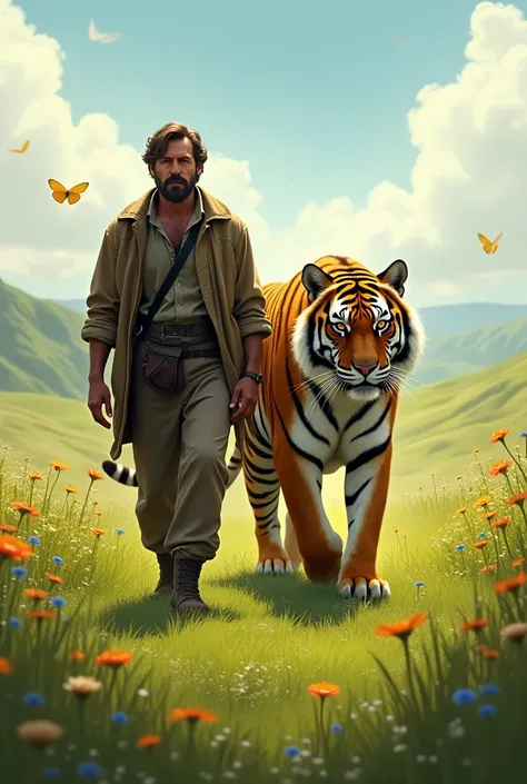 a man walks with a tiger in a green meadow