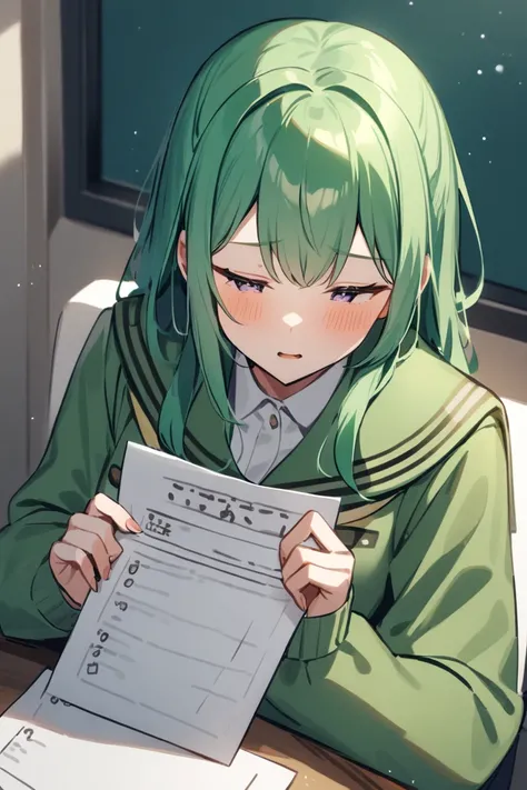 One girl、 Female High School Student、green winter sailor suit、Green Hair、Questionnaire