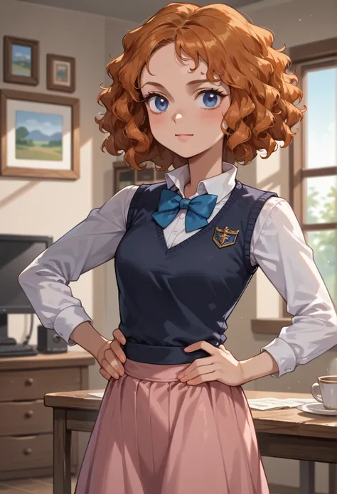 score_9,score_8_up,score_7_up BREAK melissaSDXL,1girl,blue eyes,short hair,orange hair,,curly hair,cowboy shot,room,room background,,hands on hips, lavender skirt, bow tie, white collared shirt, long sleeves, sweater vest, blue navy skirt