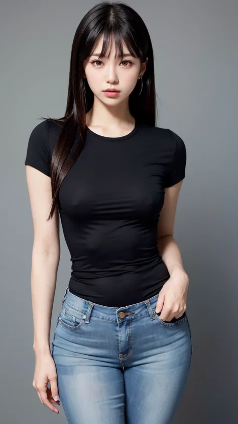 Business girl (tight fitting black shirt) (blue tight fitting jeans. These jeans are low rise) (straight hair) (with bangs, black hair) (piercing eyes) (round face) (Japanese) (plain grey background, sharp retouching, fine retouching, realistic. natural fi...