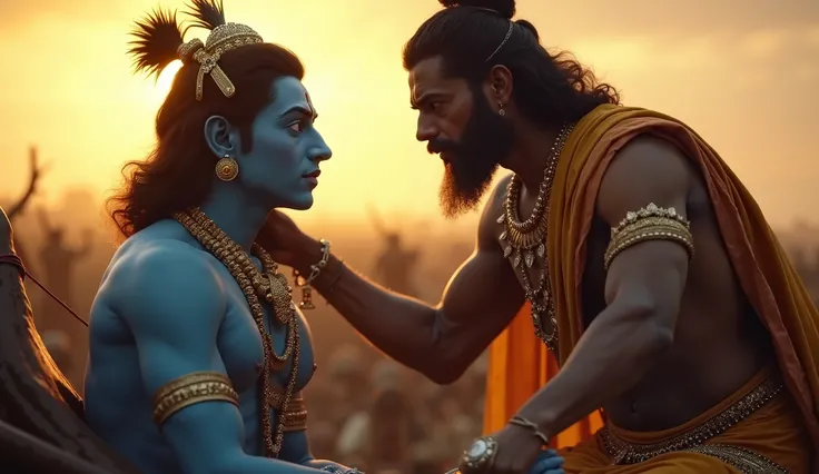 "A cinematic and powerful scene from the Mahabharata, where Krishna, with his radiant blue skin, gently places his hand on Arjuna’s shoulder in a gesture of comfort and guidance. Arjuna, sitting in his chariot, looks up at Krishna with a mixture of confusi...