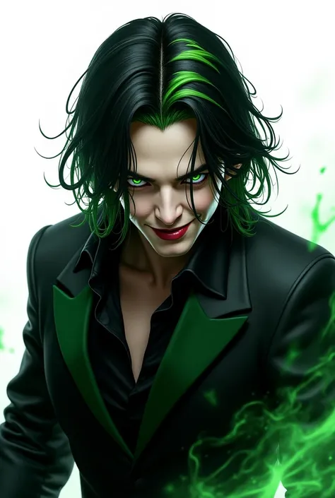 ((  best quality)), ((  masterpiece) (  detailed) ( male) medium straight black hair with green tips,  green eyes, black and green clothing .  white background,  villain's smile , gesturing 