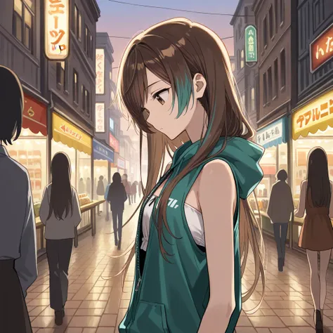  (Masterpiece, best quality), intricate details, from side, looking down, close up, brown eyes, very long brown hair with teal highlights, ((sleeveless)) unzipped teal hoodie, white strapless top, ((long swept bangs)), walking, head tilt, storefronts, awni...