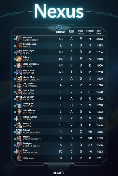  Make me a table of 10 places that says Nexus above and that is divided into names, Kills , y dots  