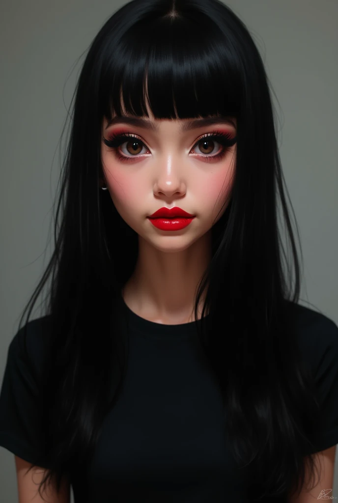 Disney girl,  with long straight black hair,
 black t-shirt , mouth painted red and eyelashes  