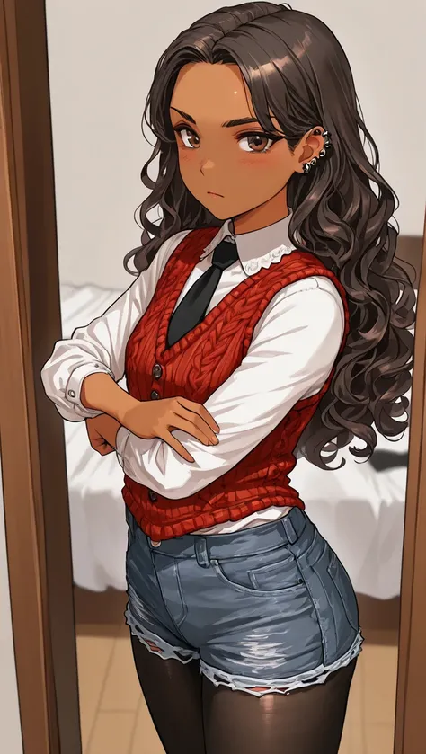 1Girl, Mature, Hispanic, Mexican, Brown Skin, Long Wavy Hair, Brunette, Shiny Hair, Brown Eyes, Medium Chest, White Tight Long-Sleeved Button-Up Shirt, Red Knitted Vest, Black Cut-Off Jean Shorts, Black Pantyhose, Black Tie, Black Ear Piercings, Looking At...