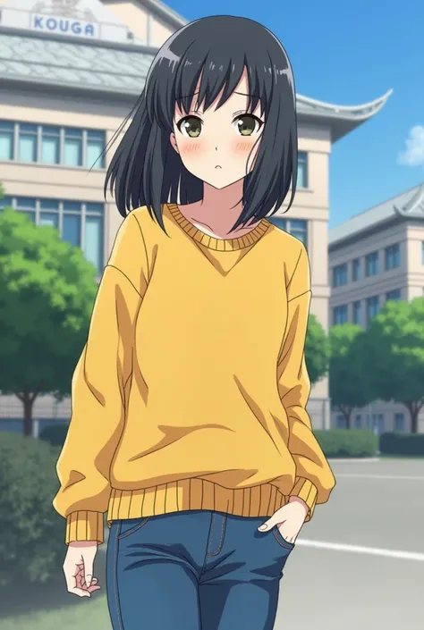 anime girl in yellow sweater and jeans standing in front of a building, an anime drawing inspired by Hisui Sugiura, trending on pixiv, shin hanga, anime visual of a cute girl, anime visual of a young woman, nagatoro, anime moe artstyle, shuushuu anime imag...