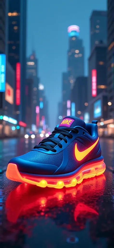  A Nike Air shoe shining in an elegant futuristic city, surrounded by skyscrapers illuminated with neon ,  rising through the night sky with trails of light . ultra-detallada,  Cinematic Lighting ,  hyper-realistic textures 