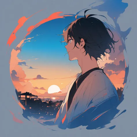 dark haired man at dusk 。 cool blue illustration。