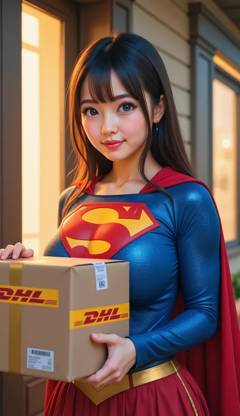 there is a BLUE EYED woman as SUPERMAN DELIVERING A DHL PACKAGE TO THE FRONT DOOR, cute natural anime face, realistic portrait, realistic anime 3 d style, attractive anime girl, photorealistic anime, young anime girl, cute anime girl, anime girl with long ...