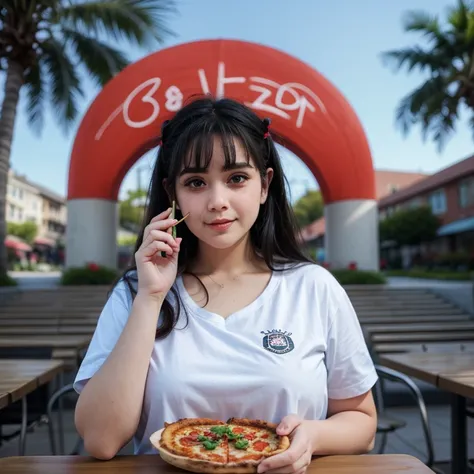 ((((Bbw)))) a girl eating  pizza on a table, long hair, breasts, bangs, large breasts, shirt, black hair, hair ornament, red eyes, holding, collarbone, white shirt, upper body, short sleeves, outdoors, food, sky, solo focus, day, hairclip, border, holding ...