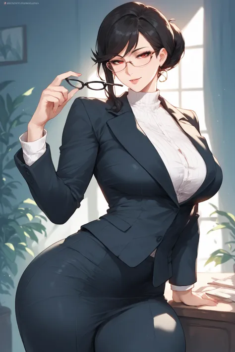 Mature Woman, long black hair, suit, red eyes, glasses, side-swept bangs,Seductive, anime style 