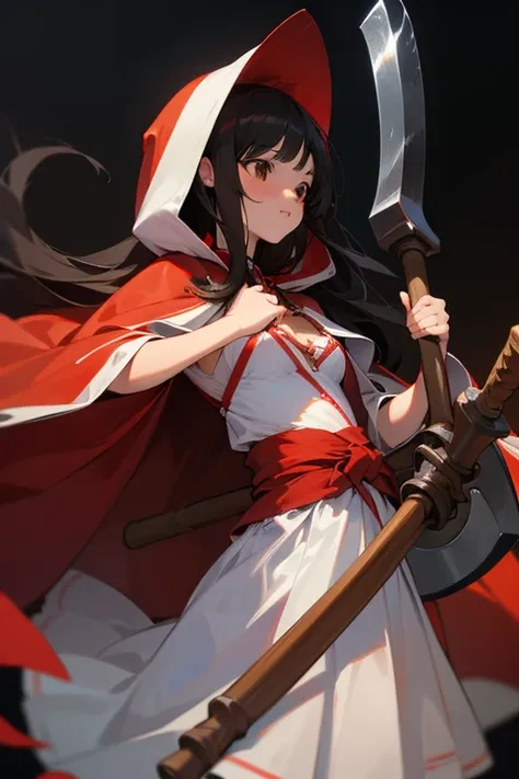  top quality,   Ultra High Resolution,(( cute  playing with cats)),( small tits),He has a big axe in his hand、 semi-long black hair, brown eyes, Little Red Riding Hood,white and red costume