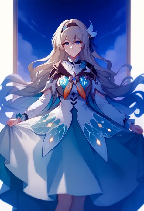 Fire-fly of Honkai Star Rail. woman with long whity wavy blonde hair with cyan gradiant locks in down, cleam skin, blue eyes with Orange details, light smile and a green dragonfly hair clip, wearning a long gucci white dress with silver ornaments with whit...