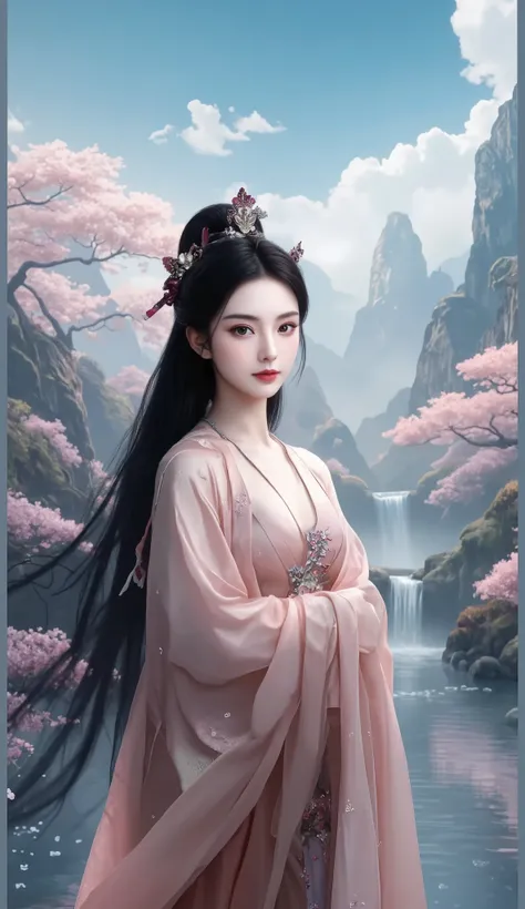 1girl, High Resolution, Masterpiece, HD, Large breasts, Sister, ponytail hair, abs, exposed midriff, navel, shorter crop top, strapless crop top, low rise pants, flirty, peach blossom garden heaven, misty mountain, hourglass figure body shape, traditional ...
