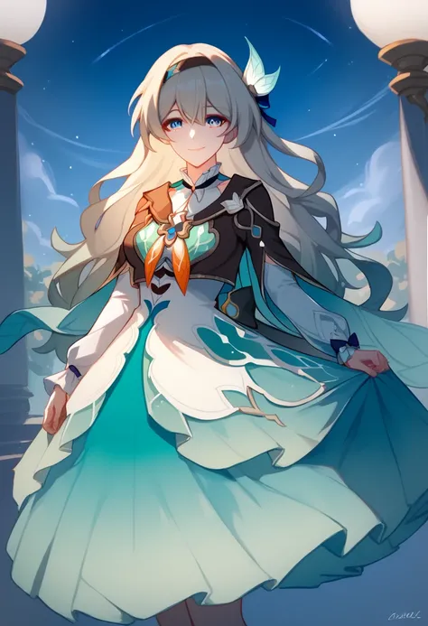 Fire-fly of Honkai Star Rail. woman with long whity wavy blonde hair with cyan gradiant locks in down, cleam skin, blue eyes with Orange details, light smile and a green dragonfly hair clip, wearning a long gucci white dress with silver ornaments with whit...