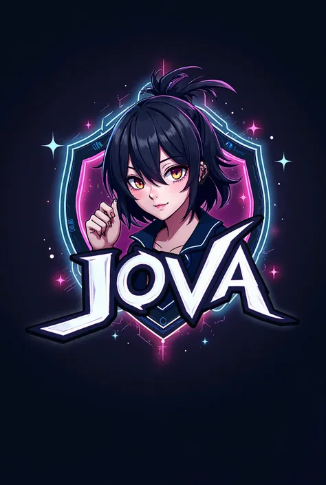 Create a logo with anime images with JOVA writing and add futuristic elements,Sinpel and Elegant for Trusted Gaming Jockeys