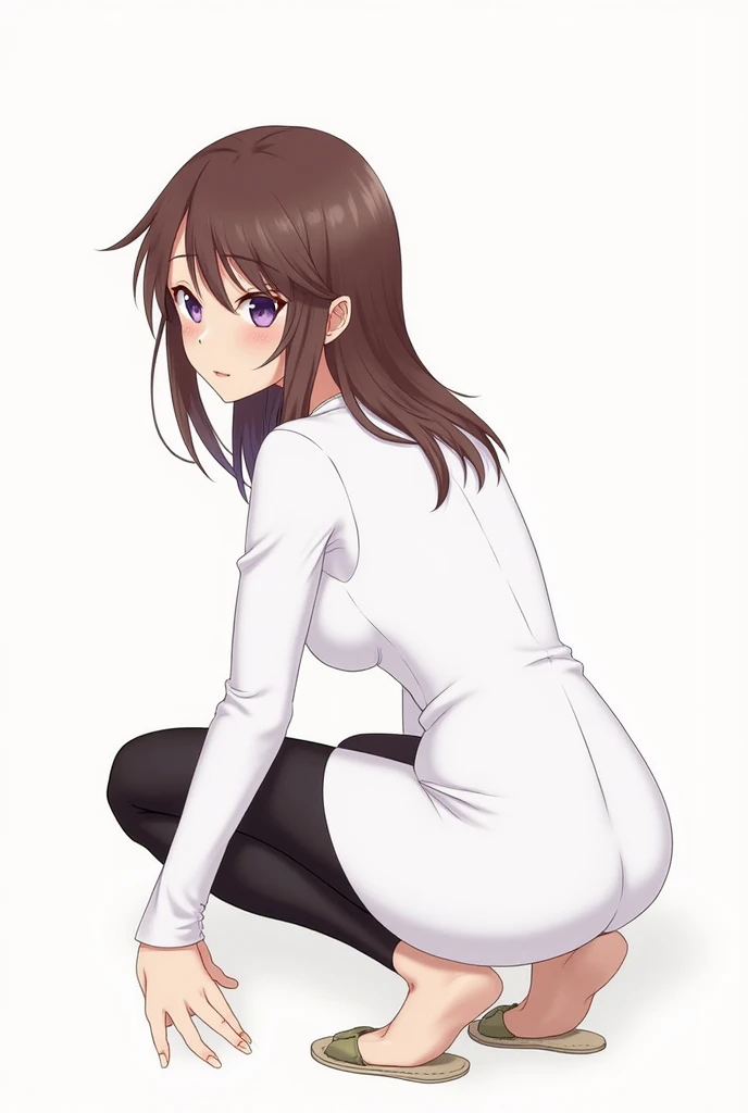 best quality, masterpiece, highres, solo, {marina_akizuki_onichichi:1.15}, brown_hair, blush, long_hair, purple_eyes, breasts, large_breasts, 1girl, white_ slim _dress, tucked_in, black_tight_leggings, solo_focus, full_body, bending_backwards, ass_focus, s...