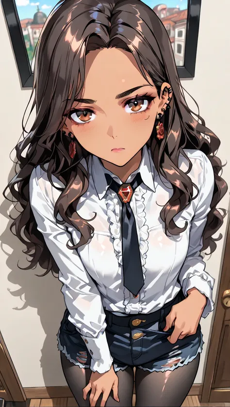 1Girl, Mature, Hispanic, Mexican, Brown Skin, Long Wavy Hair, Brunette, Shiny Hair, Brown Eyes, Medium Chest, White Tight Long-Sleeved Button-Up Shirt, Black Cut-Off Jean Shorts, Black Pantyhose, Black Tie, Black Ear Piercings, Looking At Viewer, Bored, Se...