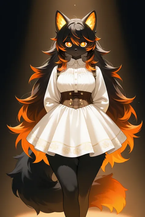 furry, cat, short torso, short compact, black fluffy layered body, long black layered poofy fur past waist, layered black fur, black layered hair down to waist, soft glowing elements, extra long fur, ultra cute face, ultra detailed fluffy tail, orange high...