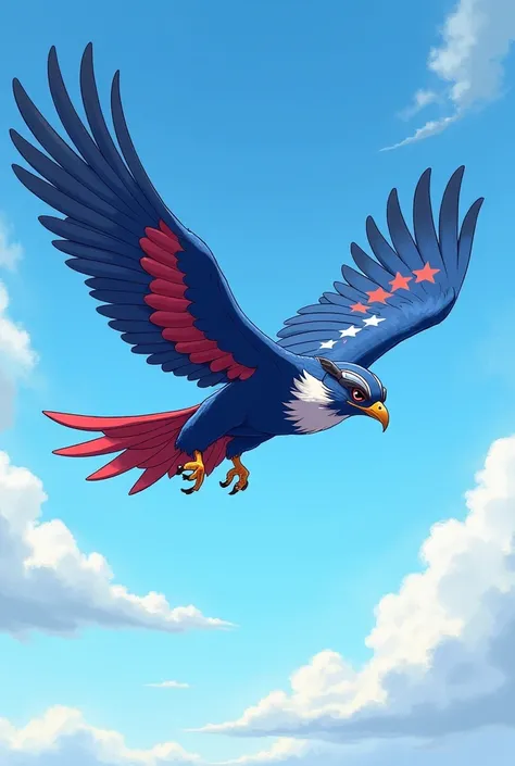 Falcon anime style with Captain America colors and goggles flying in the sky 