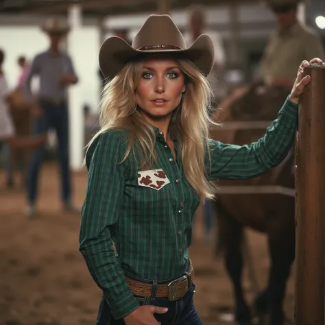  a girl,  better quality,  masterpiece, cowboy shot,  blond hair,  blue eyes,  tight clothing, , wet,  green checkered shirt , labor, sexy,  skinny jeans,  riding boots , Half ,  Cow print clothing:1.5,  seductive, provocing ,  masterpiece, ( dynamic angle...