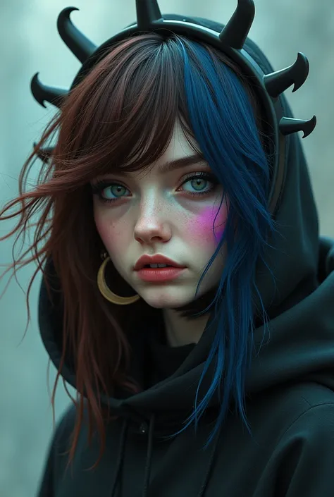 brown hair, dark blue hair, crazy eyes, hood, makeup, open mouth, crescent earrings, Cubist Futurism, high detail, chromatic aberration, ray tracing, depth of field, outside border, close-up, diffraction spikes, UHD, retina