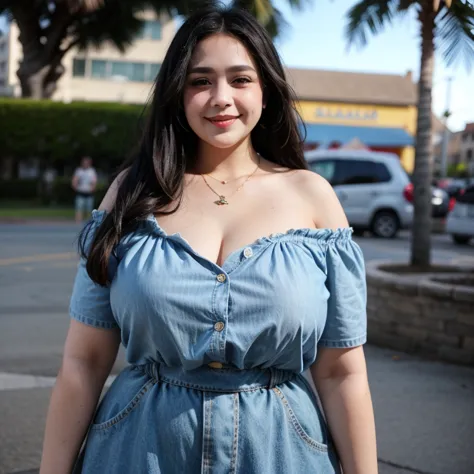 ((((Bbw)))) a woman in a top and denim skirt, long hair, breasts, smile, blonde hair, shirt, cleavage, bare shoulders, outdoors, necklace, off shoulder, nail polish, huge breasts, lips, blue skirt, yellow shirt