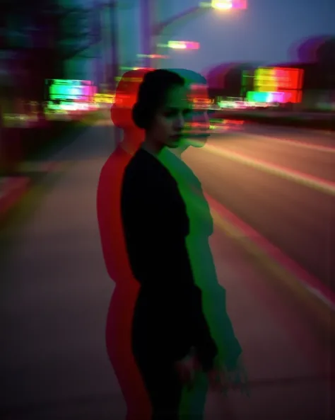 Blurred silhouette of a woman walking on the sidewalk, Woman Blurred Motion, blurred motion face, blurry light particles, car running on road, Taillight light trail photo, one point perspective method, bokeh, RGB split glitch effect, RGB shift effect, anag...