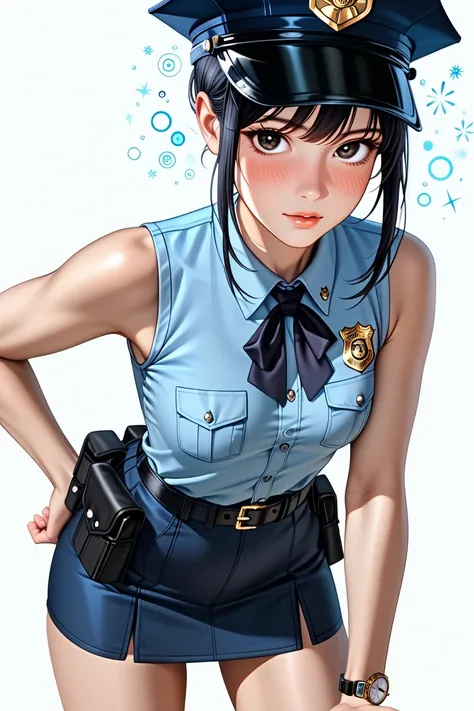  Japanese beautiful girl ,(It's 1 :2.0),( watches viewers:1.0),(sleeveless collared police shirt:1.1),( police officer's micro mini skirt:1.1),( slender body:1.2),(The moment I had hiccups :1.4),real skin ,small breasts,  Shiny Black Hair, Super Detailed B...