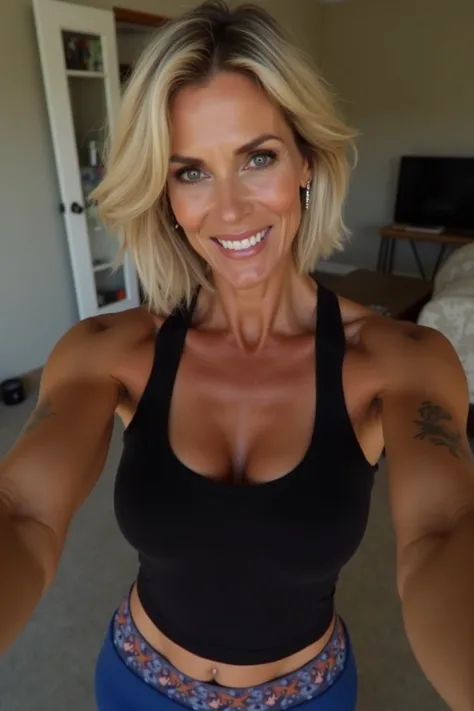  strong 53 year old woman that is Courteney Cox with big, perfect, and  massive very big even perfect breasts that is Courteney Cox the actress
Realistic
 Short blonde  hair 
Up very close to the camera lens as a selfie 
Beautiful tan skin with tattoos 
Sm...