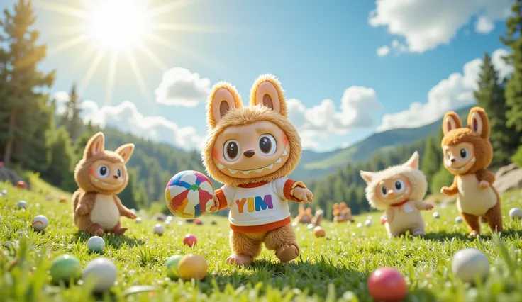 Labubu, a cheerful furry creature, standing on a grassy field under a bright sunny sky, holding a large colorful ball. He's surrounded by joyful forest friends, all ready to play. Labubu is wearing a t-shirt with colorful text 'YIM.'"