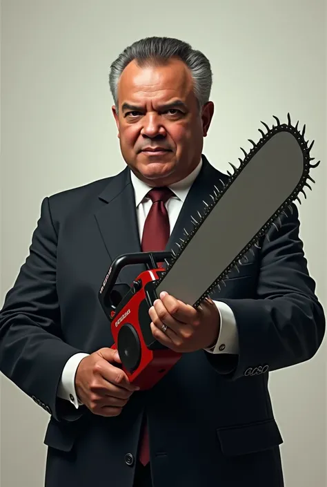 Portrait of former president Álvaro Uribe Velez with a chainsaw in his hands