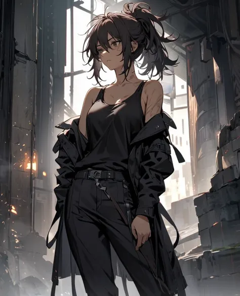 Girl, dark messy hair tied to a messy ponytail, light skin, tall, medium sized chest, black tank top, loose black jacket off shoulders, dark trousers, black marching boots, scars, HD