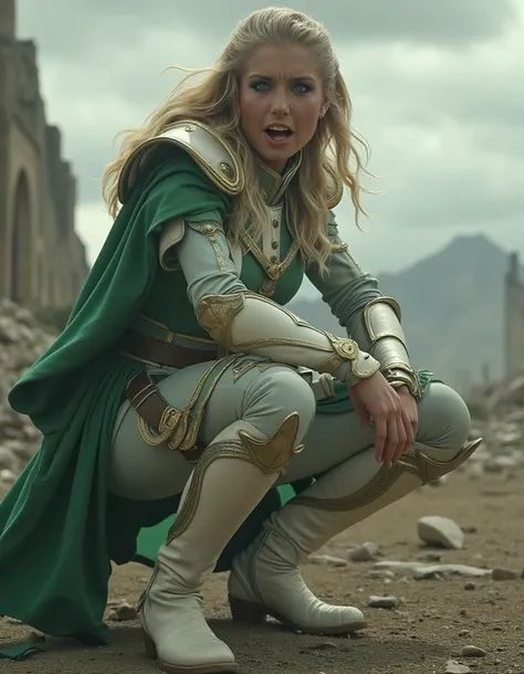 (8K,   ultra detailed, Stylish, realistic:1.3),  female warrior ,  long blonde hair ,   Slightly wavy and combed with small side braids  ,   bright blue eyes  , dressed in Stylish light armor in green and white tones with gold details,   Her equipment comb...