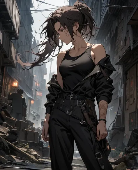 Girl, dark messy hair tied to a messy ponytail, light skin, tall, medium sized chest, very slightly toned, black tank top, loose black jacket off shoulders, dark trousers, black marching boots, scars, HD