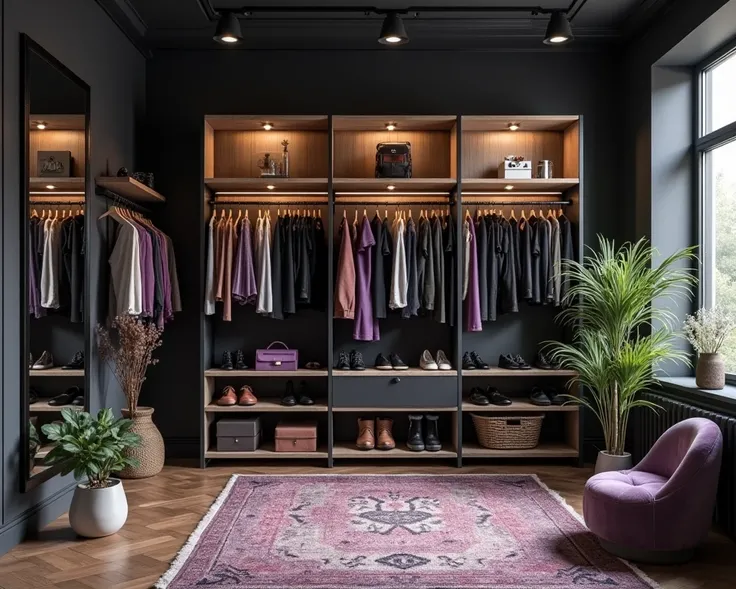 Industrial classic Interior, Black and Purple Clothes Room open space area and wood Panel shelves of Clothes and Shoes and bag , have art including mini plants but not too much , have rug pattern on floor, have Mirror glass Design realistic reflection some...