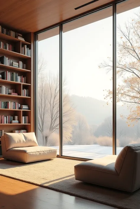 A room with glass walls, sofas inside, bookshelves and falling outside