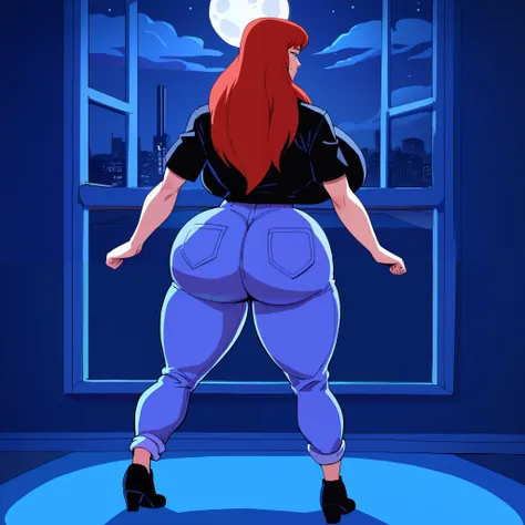 score_9, score_8_up, score_7_up, score_6_up, score_5_up, score_4_up, BREAK, 1girl, MJ, freckles arcoss face, blue eyes, dark red hair, black shirt, dark blue jeans, blue black shoes, very long straight hair, 1girl, ((huge breasts, huge butt, thick thighs, ...