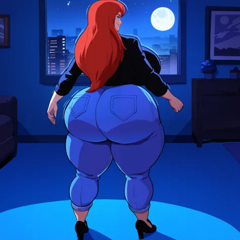 score_9, score_8_up, score_7_up, score_6_up, score_5_up, score_4_up, BREAK, 1girl, MJ, freckles arcoss face, blue eyes, dark red hair, black shirt, dark blue jeans, blue black shoes, very long straight hair, 1girl, ((huge breasts, huge butt, thick thighs, ...
