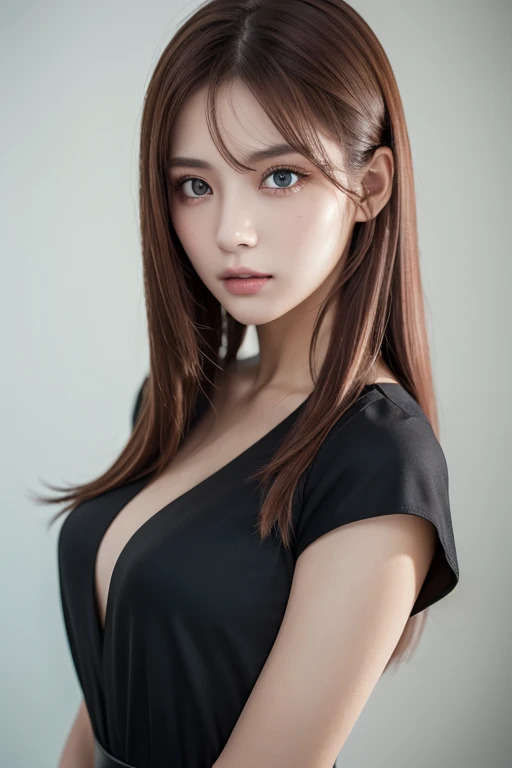 girl with long red hair, heterochromic eye , blue-white skin, flat chest, is wearing a black dress and a crisp pink blouse, A girl of, something that matches a mysterious and strong personality. whole, her look will catch the eye , attract curiosity and an...