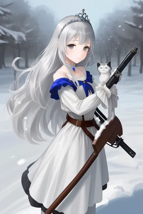  top quality,   Ultra High Resolution,(( cute  playing with cats))、 holds a musket,Long silver hair, grey eyes、snow white、 tiara 、