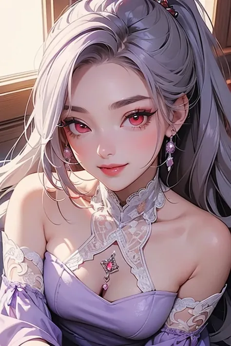 (  top quality,  Masterpiece:1.2), (  HD ,  greatest  Masterpiece ).(difficult).   with crimson hair and great attention to detail  , ((Alone)),((1 person々)).  is present :1.37,  fantasy,   illustration, Grey Hair 、  (( Red Eyes:1.25).). queen ,  beautiful...