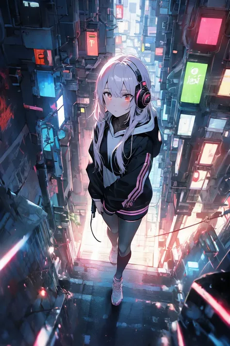  1 girl,  Alone,  city Light, ( cyberpunk,  cyberpunk style),  from above,  青blackい髪,  long hair, bangs,   headphones , chest,  black_ hoodie, gun, arms, holding、Plasma Gunsword , 
 cyborg, mechanical_ bodysツ , 
 watches viewers, Staring ,  is dazzling, an...