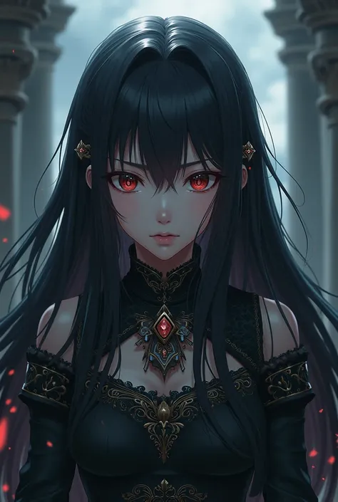  Anime type girl with long black hair, a serious look and medieval clothing 